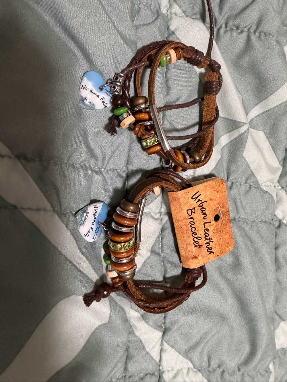 Unbranded Brown Leather Wrap Bracelet with Green and Wood Beads